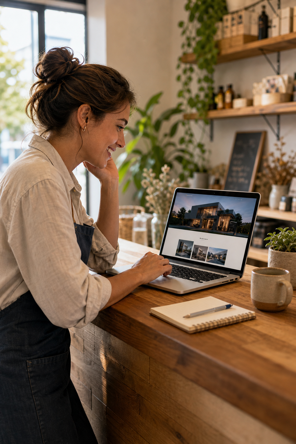 Small business owner reviewing a website preview