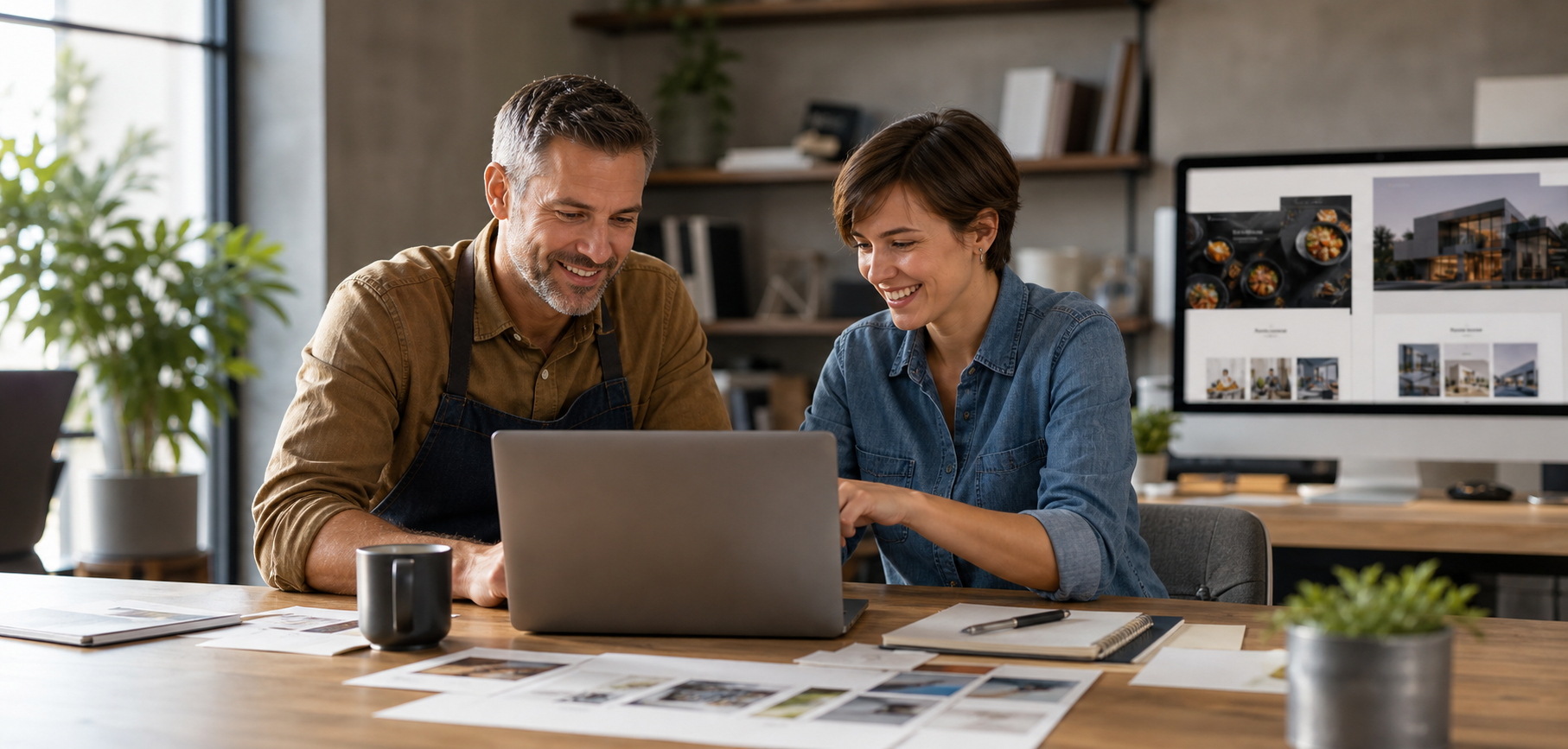 Small business owner reviewing a website preview